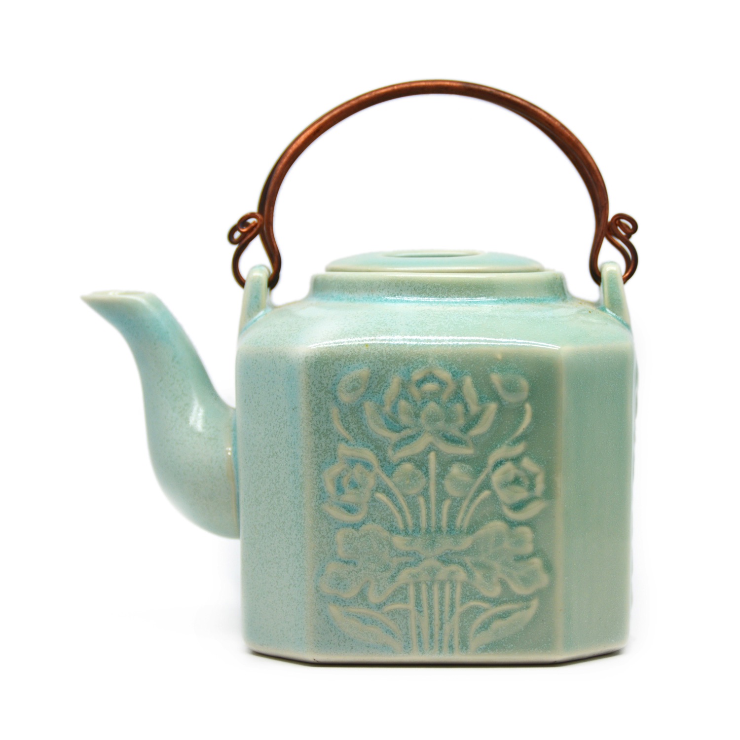 Medium Hexagon teapot with bronze handle (flower pattern) - 0032